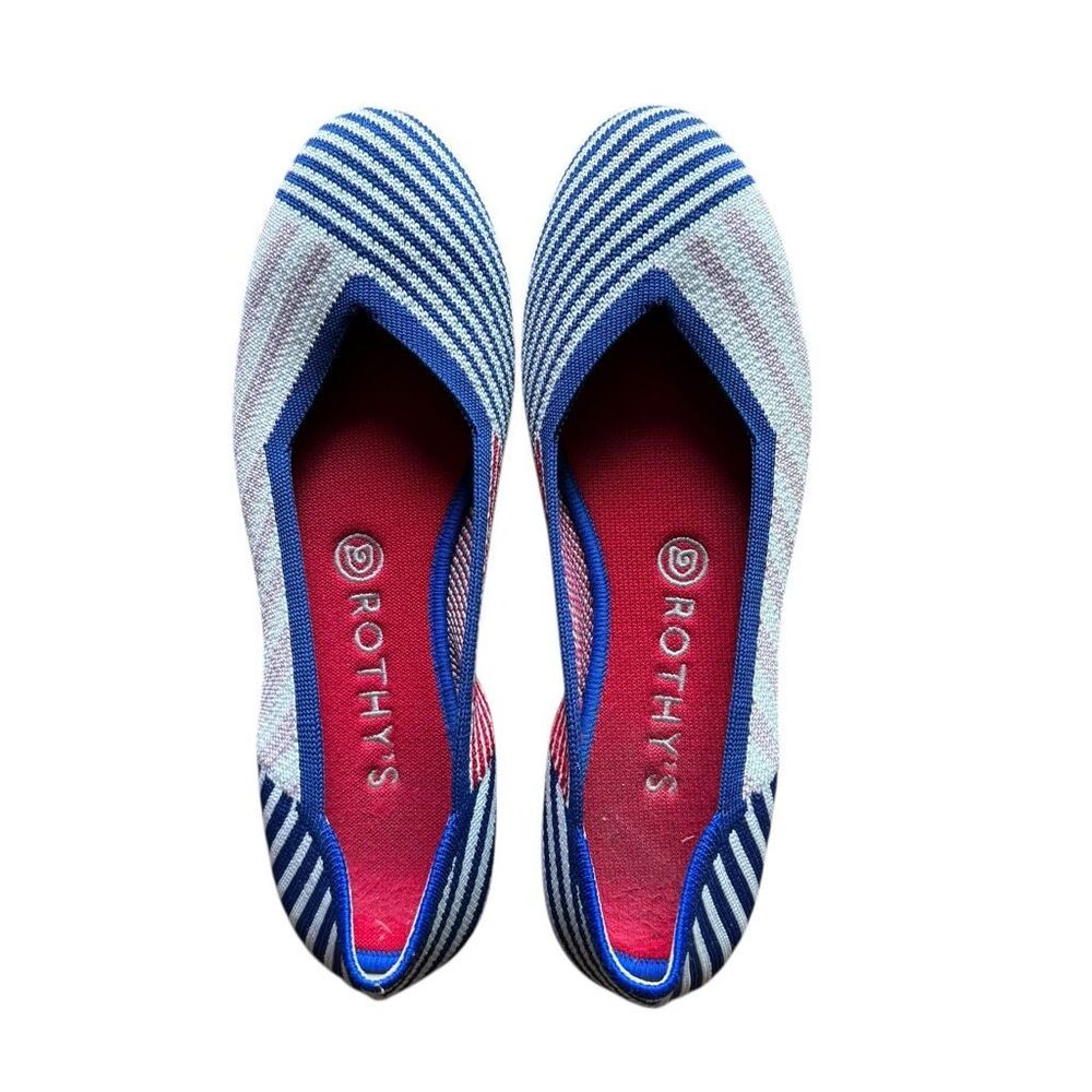 Rothy’s Pink Mixed Stripe Flat Unicorn Rare Retired Light Pink Blue Red Size 8.5